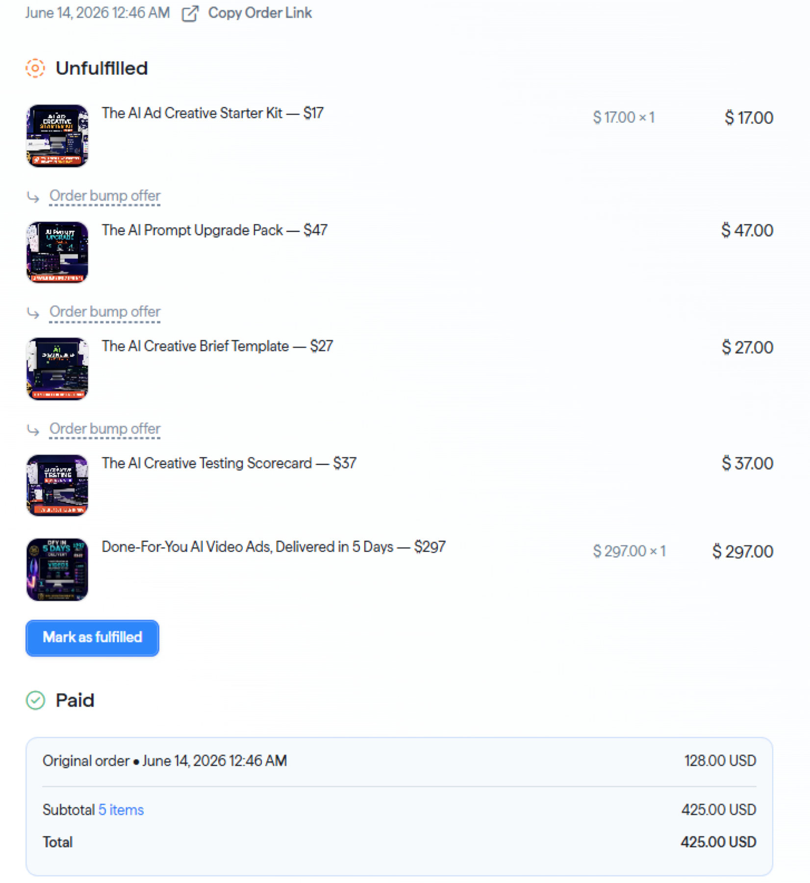 Order receipt for $425: the $17 starter kit, three order bumps and the $297 done-for-you offer